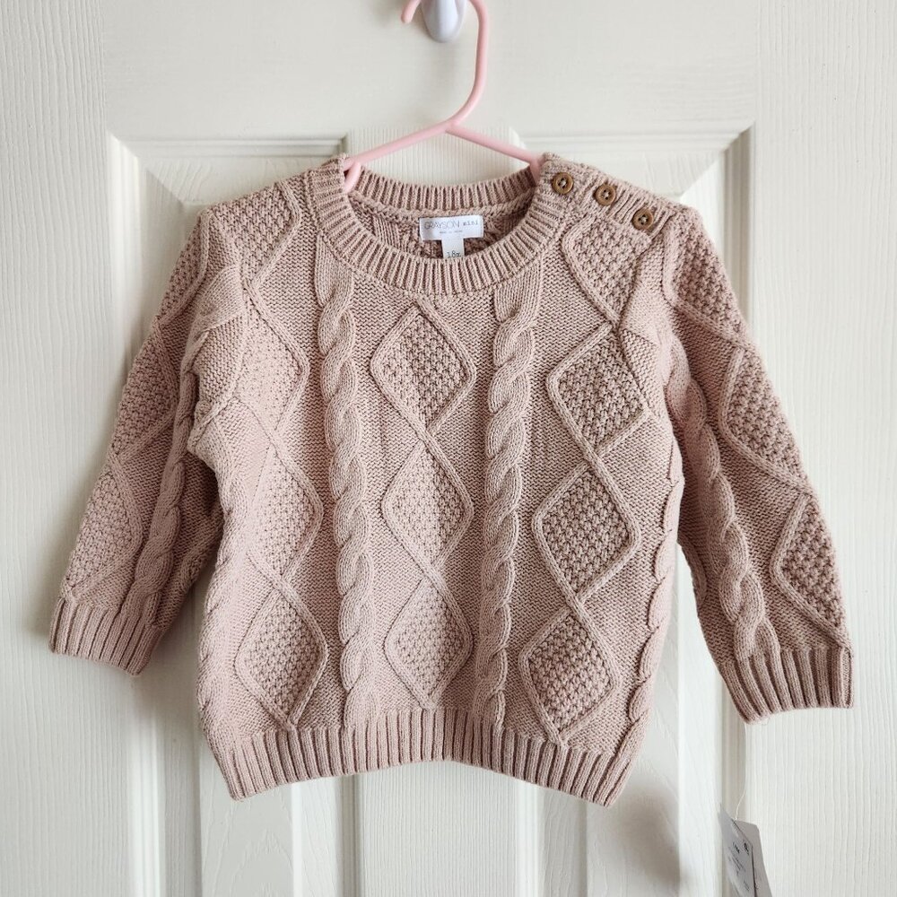 Grayson Mini Cable Knit Baby Sweater 18M Light Brown Button Shoulder NWT